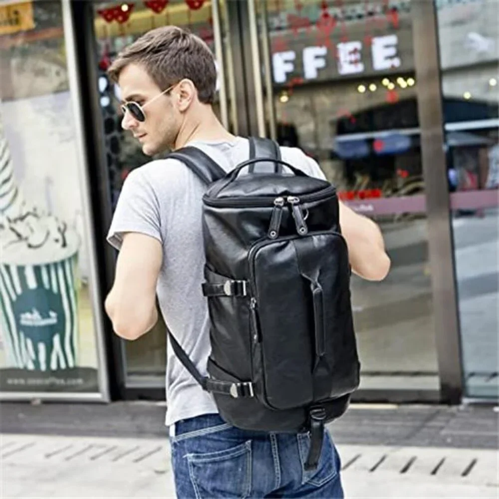 Men's Stylish Vegan Leather Weekender Travel Duffel Tote Bag Backpack
